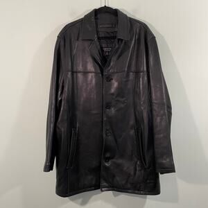 Vtg Claiborne Outerwear Women Black Leather Oversized Coat Size L